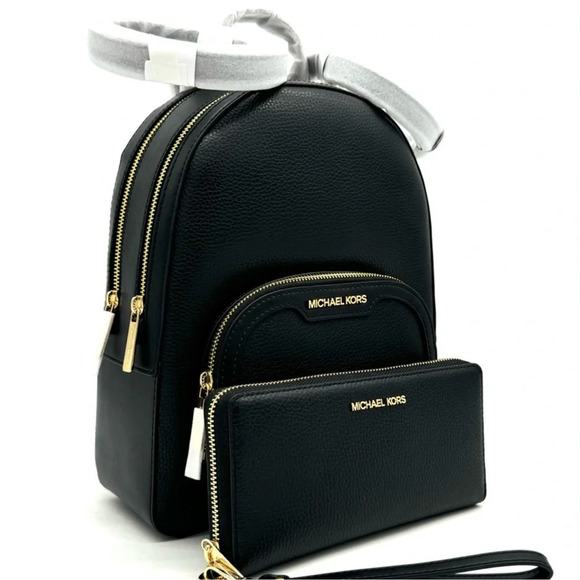 Michael Kors Medium Jaycee Backpack & Large Continental Wallet Black/Gold - Picture 3 of 14